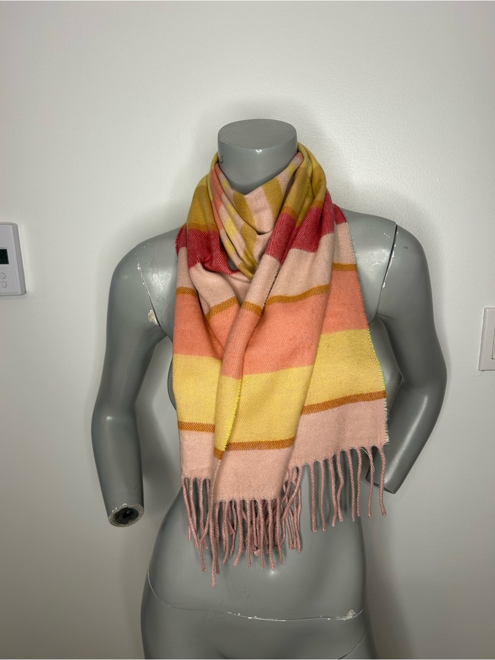 Pastel Striped Fringe Wrap Scarf - Pink, Yellow & Coral